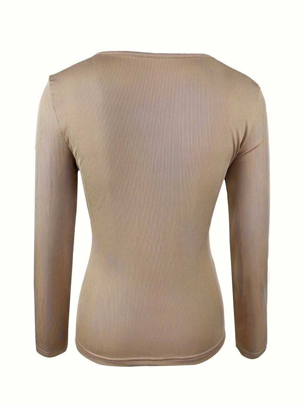 Women's Ribbed Knit Long Sleeve Top Crew Neck Button Detail Slim Fit Stretch T-Shirt Casual Chic Fall Winter Basic Tee Apricot S-XL