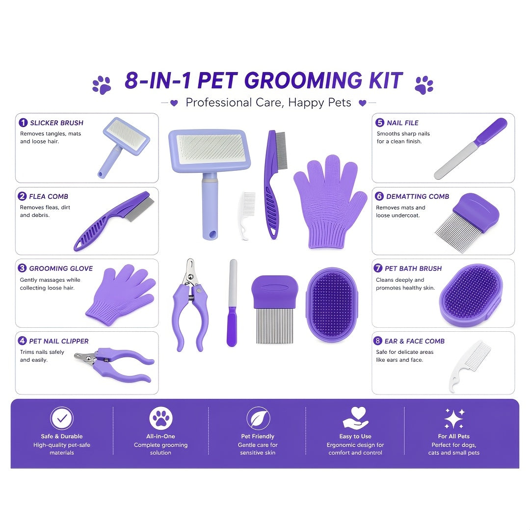 8-Piece Pet Grooming Comb Set for Dogs, Cats & Small Animals - Complete Long & Short Hair Care Kit, Multi-Function Grooming Combs for All Coat Types, Home Grooming Essential (Purple)
