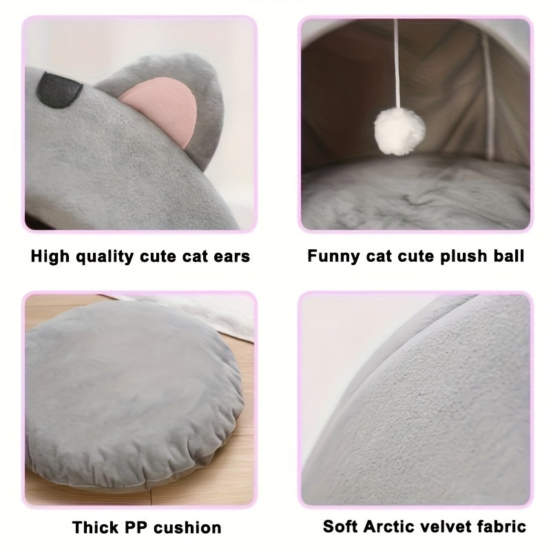 Cat Cave Bed Warm Cozy Kitten House with Removable Washable Cushion Cute Cat Ear Design Semi-Enclosed Indoor Cat Tent Bed for Small Cats and Kittens – Non-Slip Soft Plush Pet Sleeping Bed