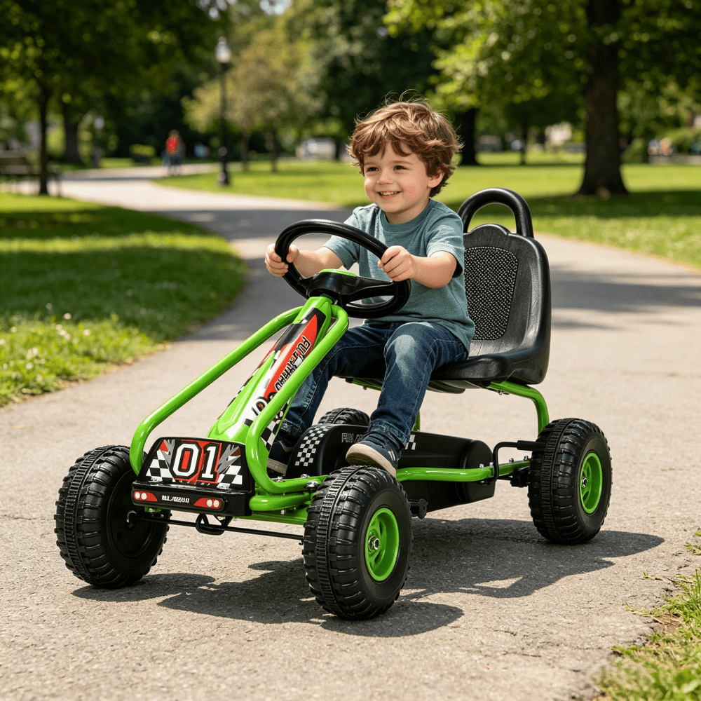 Pedal Go Kart for Kids Ages 3-6, 4-Wheel Pedal Powered Ride On Car with Adjustable Seat, Handbrake, No-Slip Wheels, Outdoor Racing Go Kart for Boys and Girls - Blue, Green, Red, Pink