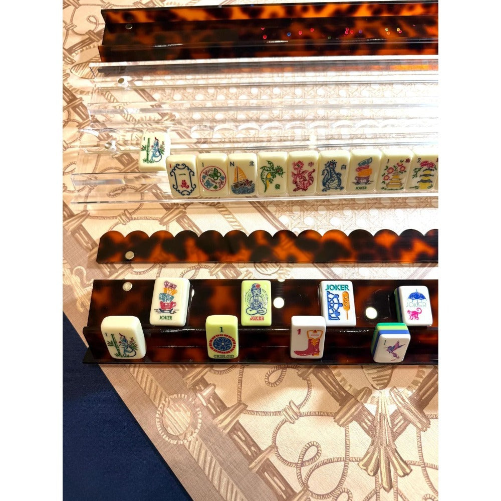 Tortoiseshell Acrylic Mahjong Tile Rack Set 4 Pieces Wave Design Pusher Holder Smooth Sliding Transparent Rack with Storage Bag for American Mahjong Game Night Orange Beige Green