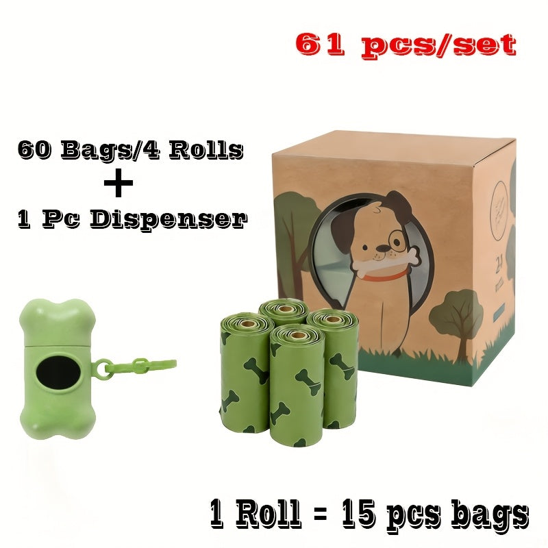 Dog Poop Bags with Dispenser 61-Piece Set - 60 Leak-Proof Unscented Waste Bags on 4 Rolls with Bone Design Dispenser Holder, Biodegradable-Friendly Dog Waste Bags for Outdoor Walks, Parks & Travel Pet Cleaning
