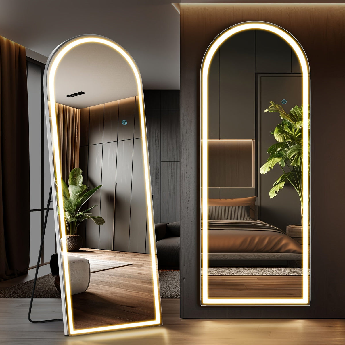 Full Length Floor Mirror with LED Lights - Arched & Rectangle Top, Aluminum Frame, 71" Standing Dressing Mirror for Bedroom & Living Room, Black Gold White, 5mm Tempered Glass