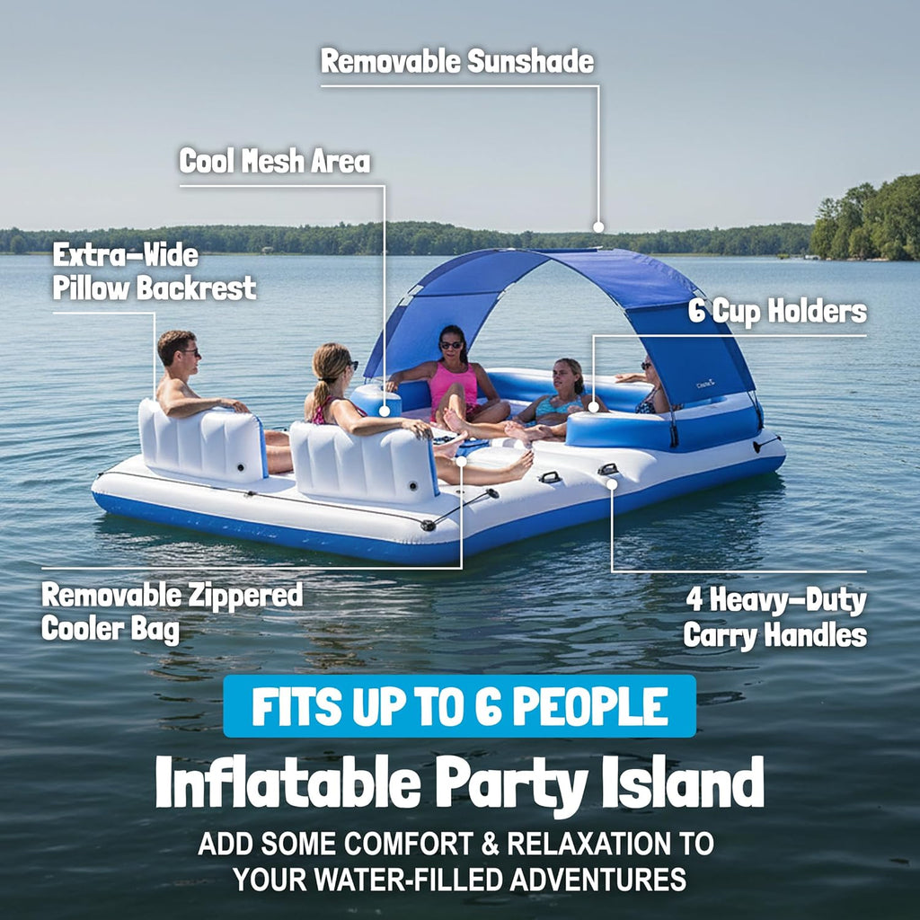 Bestway Hydro-Force 6 Person Inflatable Party Island Float – 153" x 108" Giant Pool Float with Detachable Sun Shade, 6 Cup Holders, Cooler Bag & Backrests, 1188 LB Capacity for Lake Beach Pool