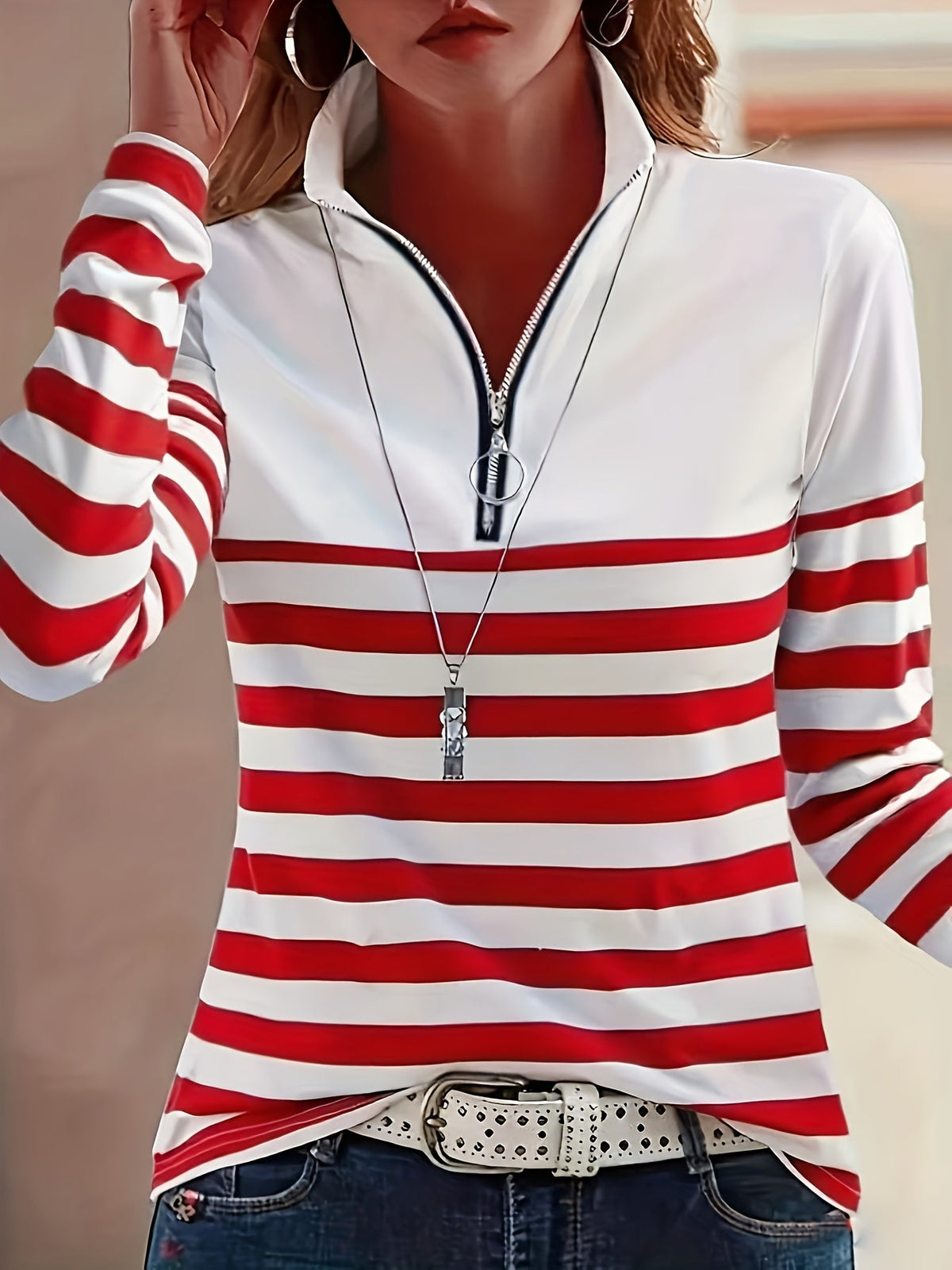 Striped Print Long Sleeve Zip Up Stand Collar T-Shirt Women Casual Top – Black Bars Red Blue Light Green Stripes S-XXL