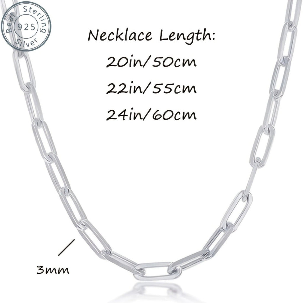925 Sterling Silver Paperclip Chain Necklace for Women & Men – 3mm Thick Bohemian Style with Synthetic Stone, 20/22/24 Inch, Gift Box Included, Durable Everyday Jewelry for Daily Wear & Gifting