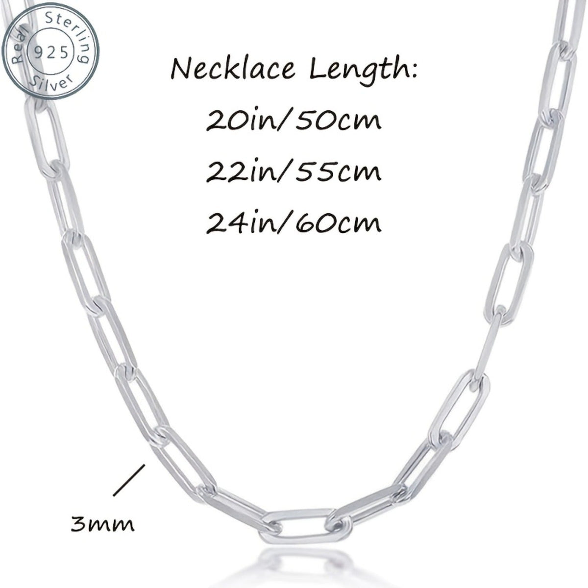 925 Sterling Silver Paperclip Chain Necklace for Women & Men – 3mm Thick Bohemian Style with Synthetic Stone, 20/22/24 Inch, Gift Box Included, Durable Everyday Jewelry for Daily Wear & Gifting