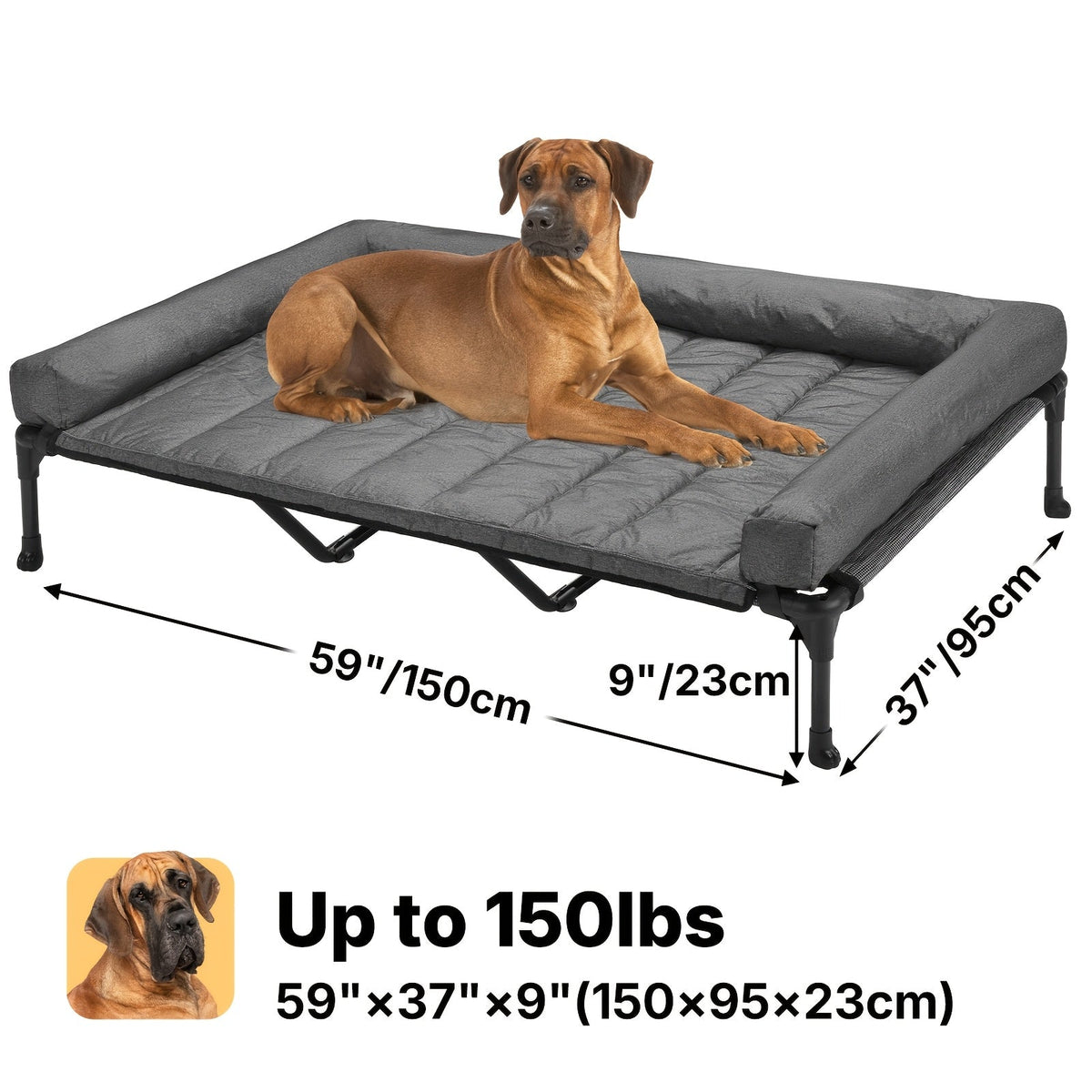 Cooling Elevated Dog Bed with Removable Pillow-Top Mat – Raised Bolster Dog Cot with Breathable Mesh Non-Slip Feet Dog Sofa Bed for Indoor & Outdoor Use