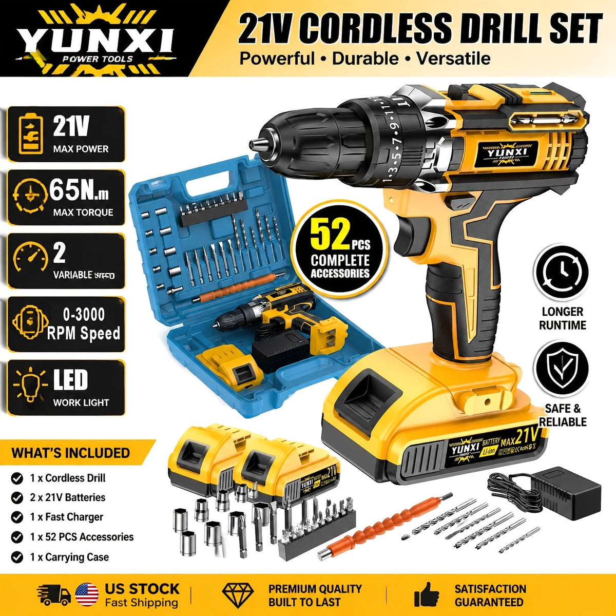 21V Cordless Impact Drill Set 2.0Ah Battery & Fast Charger with Work Light Speed & Torque Adjustment Electric Screwdriver Combo – Optional Storage Box for Car & Home Repair DIY Men's Gift