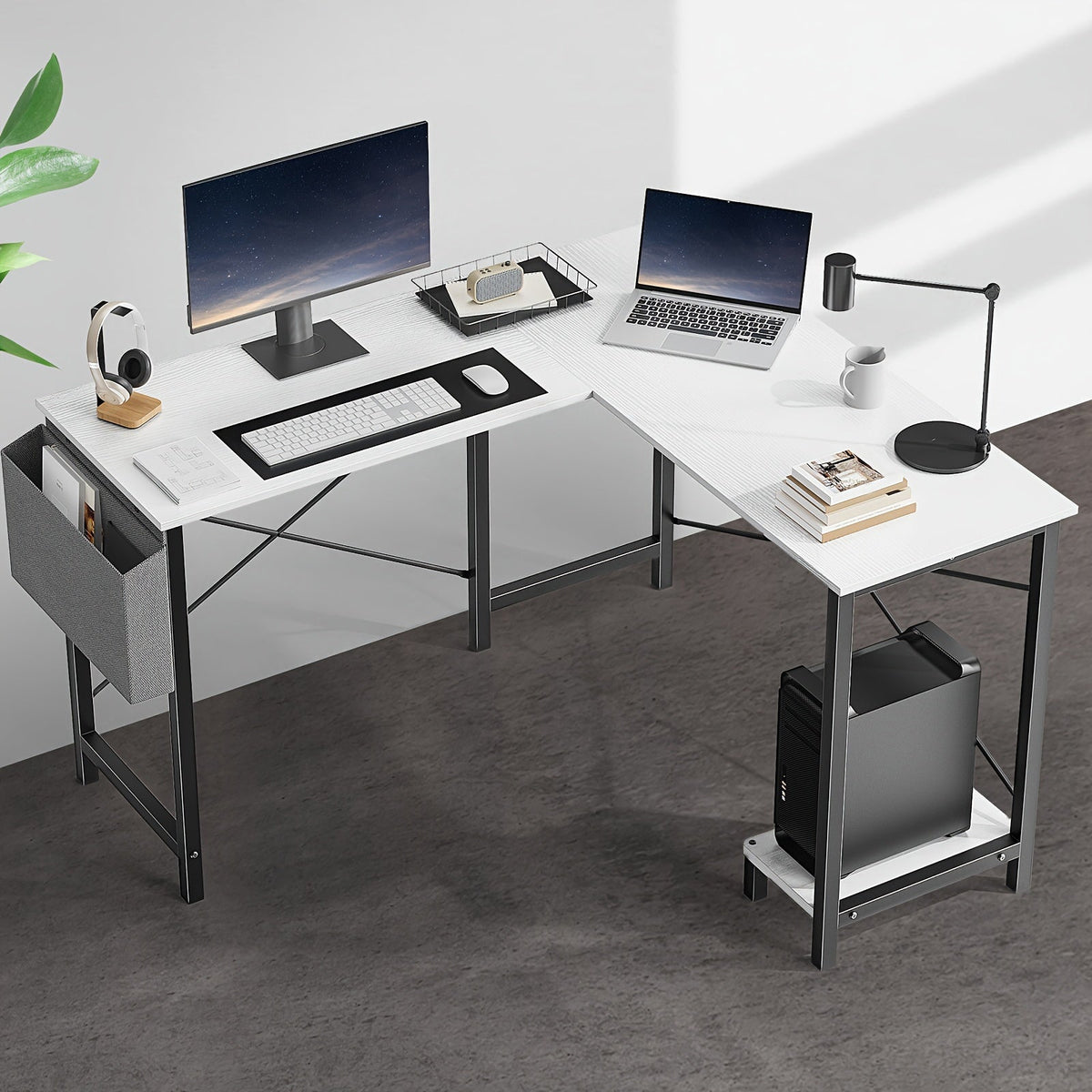 L Shaped Computer Desk with Storage Bag & Shelves – Reversible Corner Office Table, PC Laptop Workstation for Home Office, Study Room, Space-Saving Writing Desk