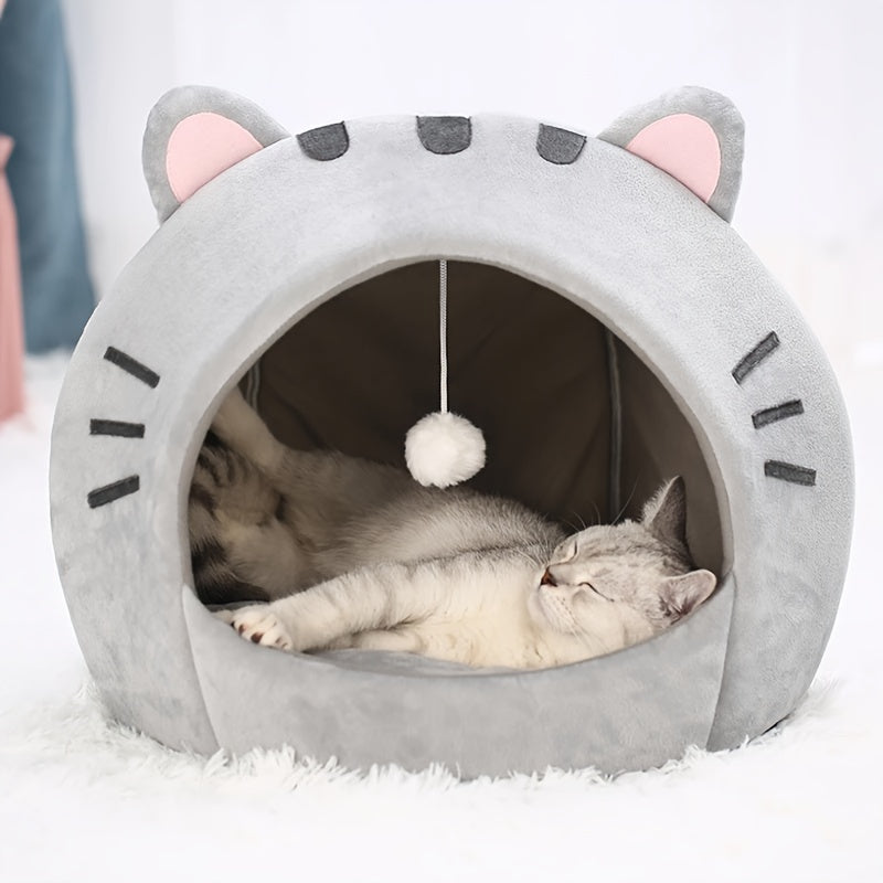 Cat Cave Bed Warm Cozy Kitten House with Removable Washable Cushion Cute Cat Ear Design Semi-Enclosed Indoor Cat Tent Bed for Small Cats and Kittens – Non-Slip Soft Plush Pet Sleeping Bed
