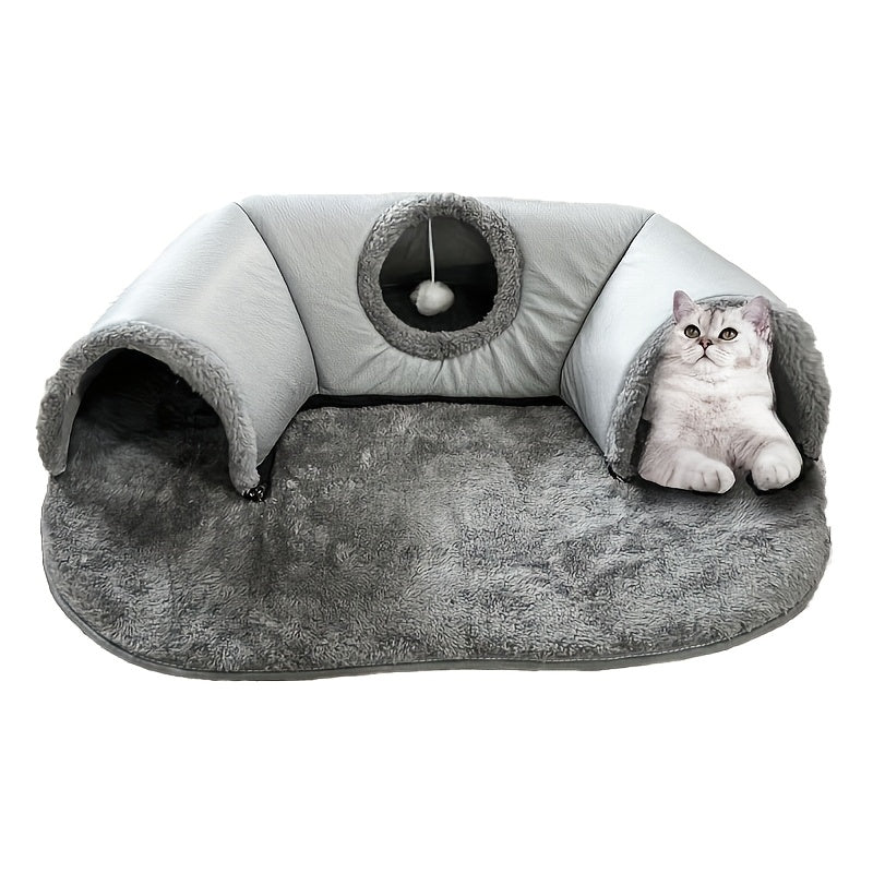 3-in-1 Cat Tunnel Bed with Play Mat & Warm Nest – Cozy Collapsible Cat Cave with Non-Slip Bottom for Small to Medium Cats, Rabbits & Hamsters, Indoor Pet Hideaway