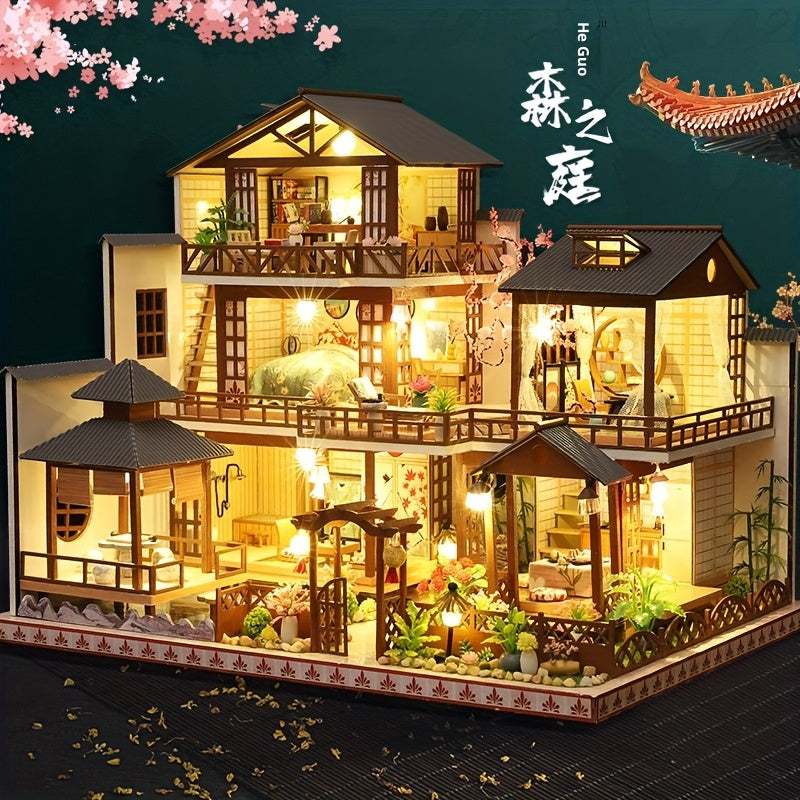 Japanese Style Villa Wooden 3D Puzzle Model Kit – Handmade DIY Architectural Miniature House, Forest Garden Cottage 3-Story Building, STEM Craft Gift for Adults & Teens