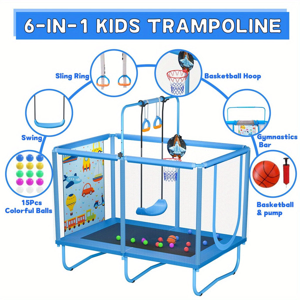 6-in-1 Kids Trampoline with Enclosure Net, Basketball Hoop, Swing, Rings & 15 Ocean Balls – 55"-58" Indoor Outdoor Rectangular Trampoline, Foam Padded Poles, W-Shaped Legs, Gift for Boys Girls Ages 3-10