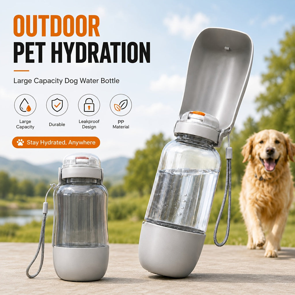 Dual-Chamber Dog Travel Water & Food Bottle with Lanyard – 17.58oz Water + 5.07oz Food Compartments, Leak-Proof Collapsible Bowl Dispenser for Hiking Outdoor Travel, 4 Colors