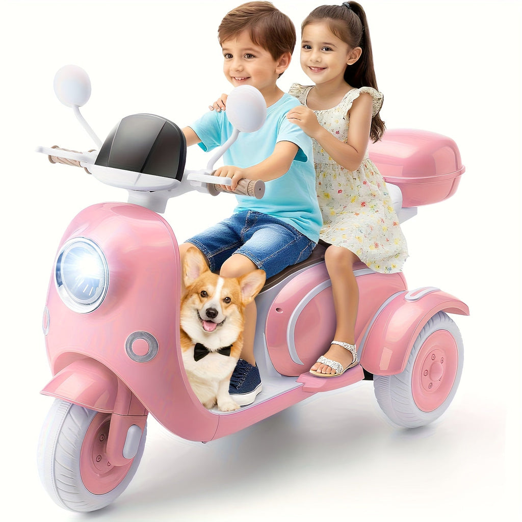 12V Kids Ride-On Motorcycle 3-Wheel Moped 2-Seater Electric Car with Dual Motor, Horn, LED Lights, Large Storage Box – Battery Powered Bike for Boys Girls Ages 3-8, Best Christmas Birthday Gift