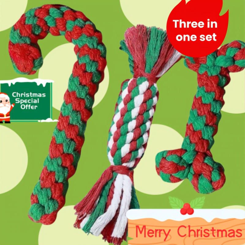 Christmas Dog Rope Toys 3-Pack – Candy Cane Shape Chew-Resistant Tug of War Rope Toy Set for Small & Medium Dogs, Durable Teeth Cleaning Knot Toys in Red, White & Green Holiday Colors