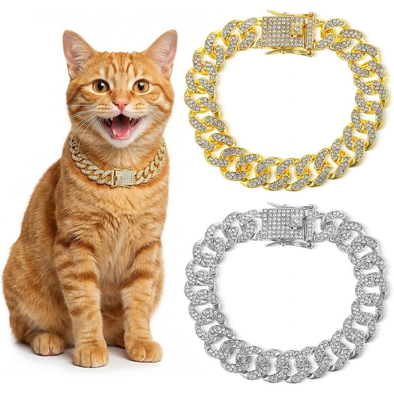 2-Pack Cuban Link Cat Chain Collar Set, Gold & Silver Adjustable Metal Pet Necklace for Cats & Small Dogs, Lightweight Bling Cat Collar Chain, Fashion Pet Jewelry Accessory for Cats