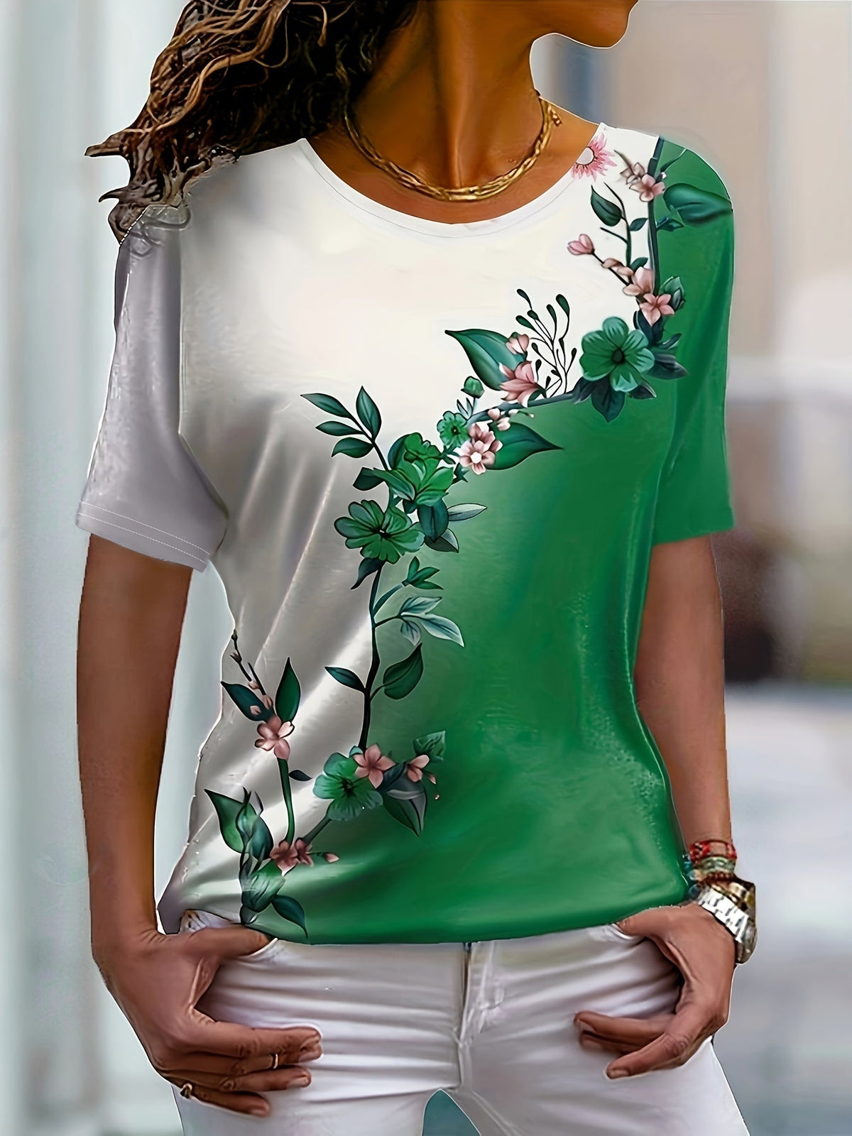 Women's Floral Print Short Sleeve T-Shirt Round Neck Slim Fit Color Block Casual Top Summer Trendy Streetwear S M L XL XXL