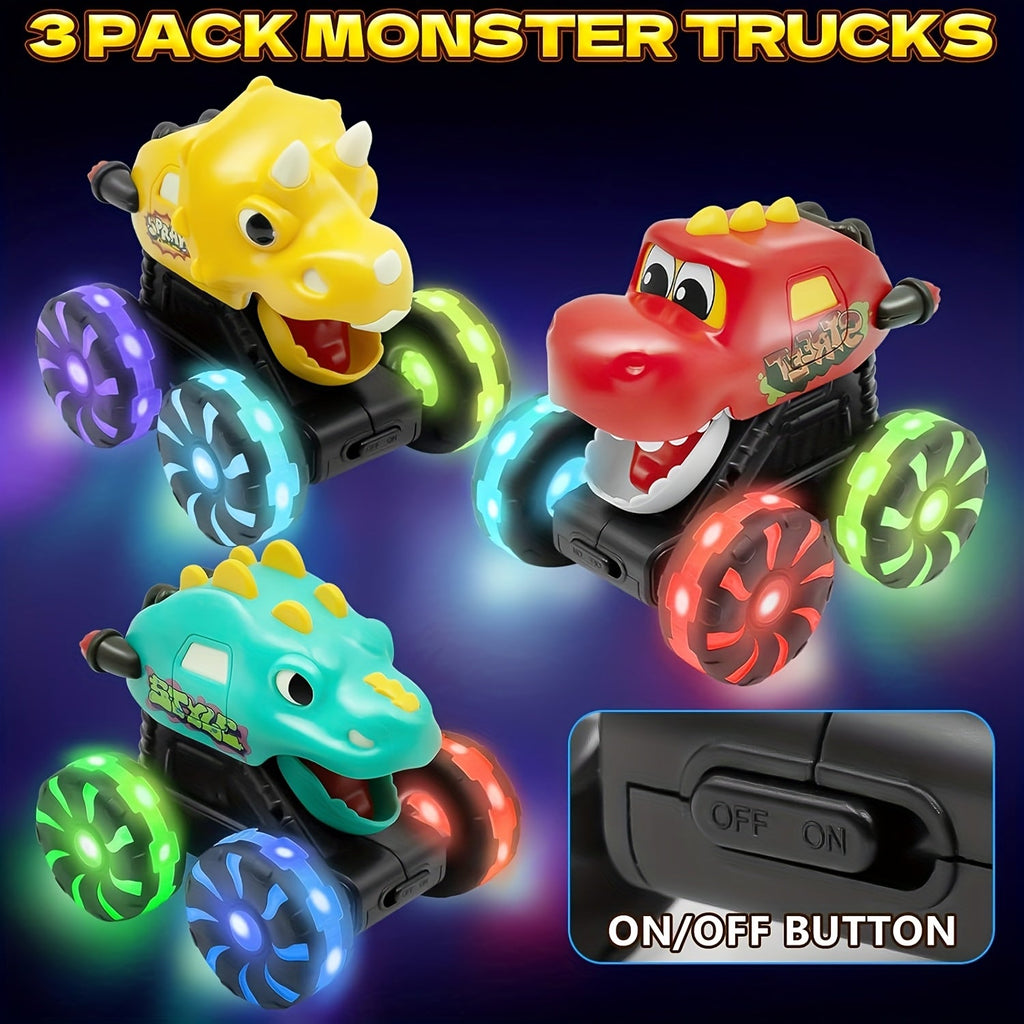 Dinosaur Monster Truck Toy Triceratops Stegosaurus with Flashing LED Wheel Lights Friction Powered Push-and-Go Vehicle Durable ABS Kids Birthday Party Gift
