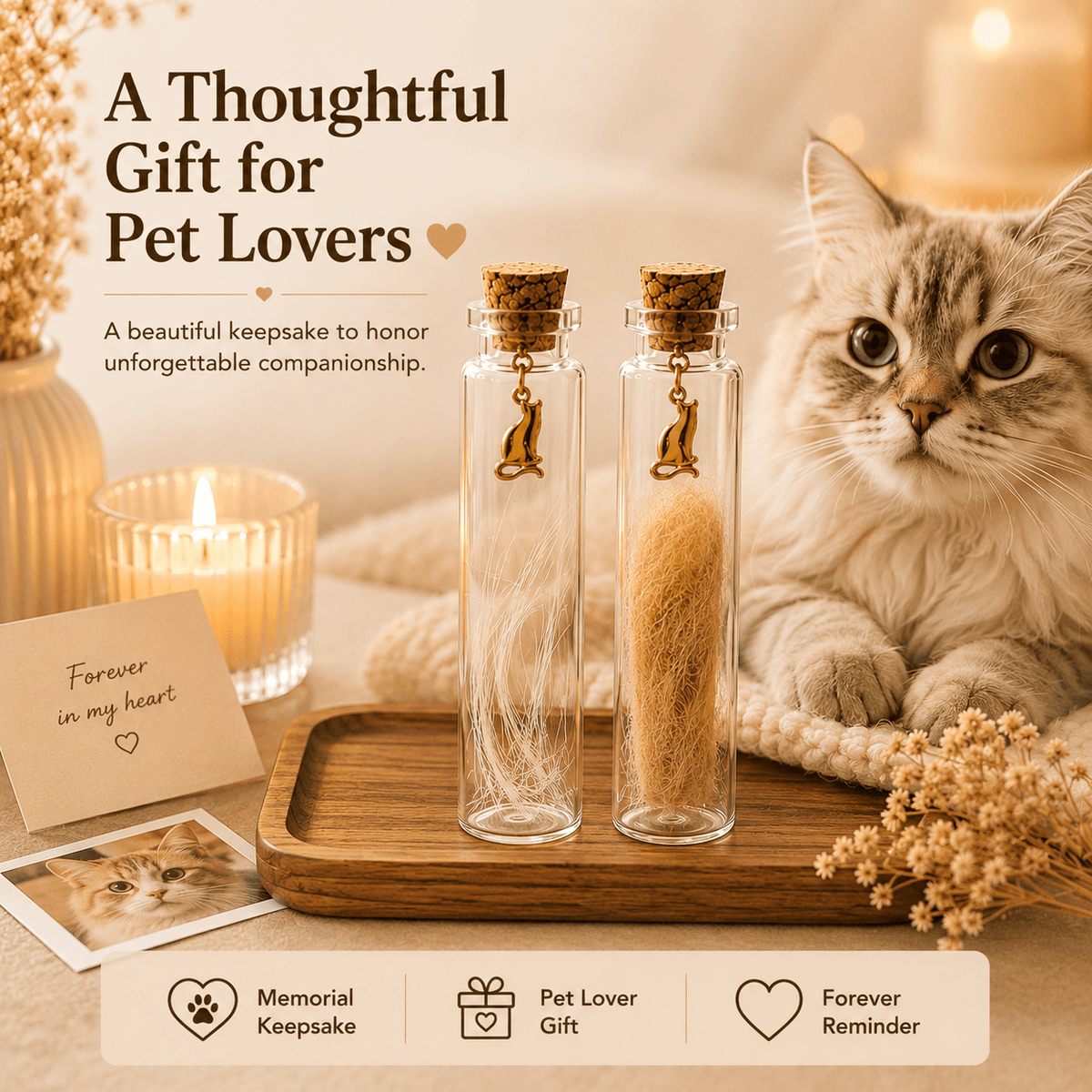 Pet Hair Keepsake Jar Set 2pcs – Glass Memory Bottles with Golden Cat Charm for Pet Fur, Whiskers & Handwritten Notes, Cat & Dog Memorial Gift for Pet Lovers