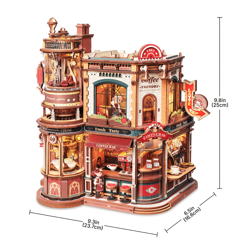 ROBOTIME 3D Wooden Puzzle Dream Coffee Factory Model with Mechanical Moving Parts, LED Lighting & Music - Wood Desk Decor Building Kit, Creative Gift for Hobbyists, Adults & Office Display