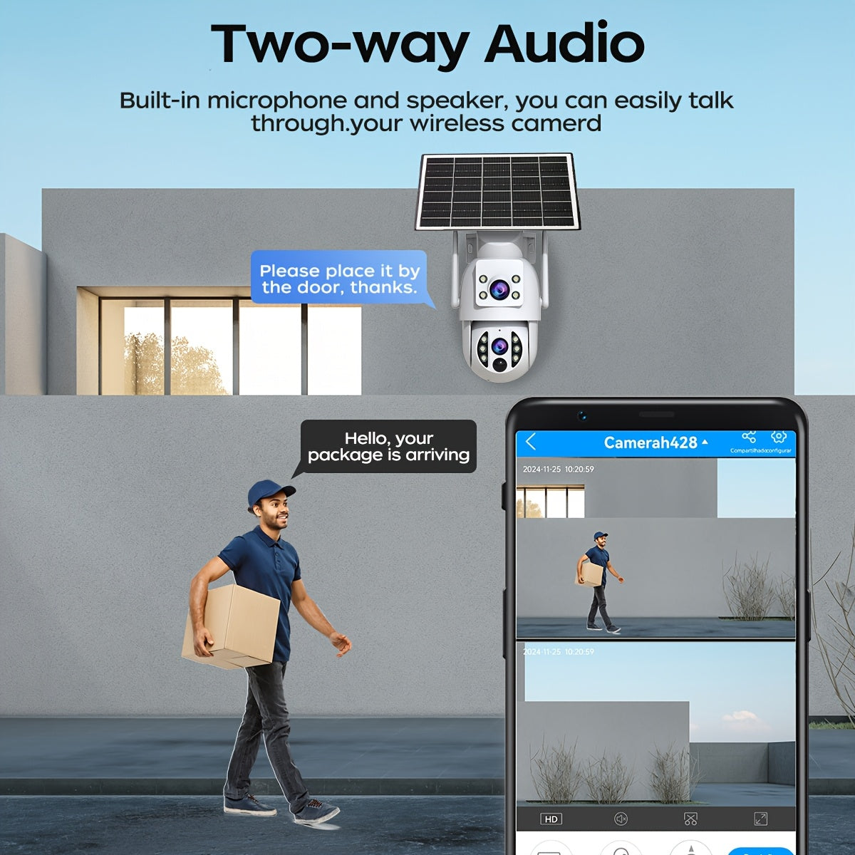 Solar Security Camera Outdoor 360 Degree PTZ 1296P HD Dual Lens Color Night Vision Two-Way Audio Motion Detection WiFi SD Storage Rechargeable Battery Wall Mount