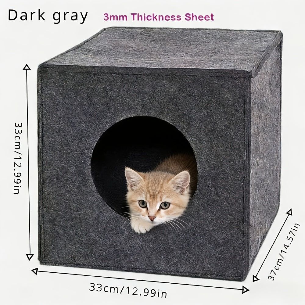 Square Felt Cat Bed Foldable Machine Washable – 3mm Thick Semi-Enclosed Cat House, Won't Collapse, All-Season Indoor Cat Cave for Sleeping & Playing, 13x14.5x13 Inch, Dark Gray & Light Grey