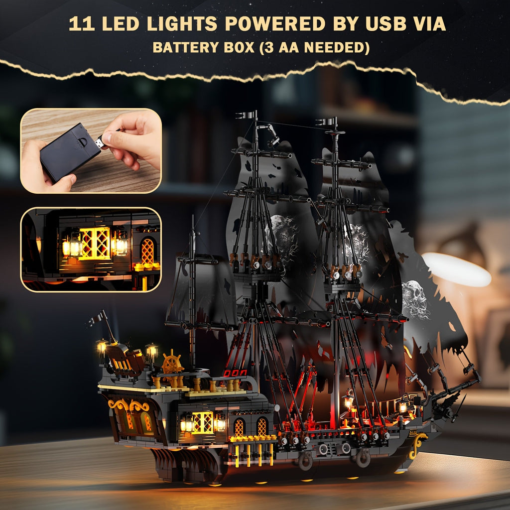 1713 Pcs Pirate Ship Building Toy Set Model Boat Kit Black Ship Home Office Desk Decor Halloween Christmas Gift for Adults Teens 14+ Building Blocks