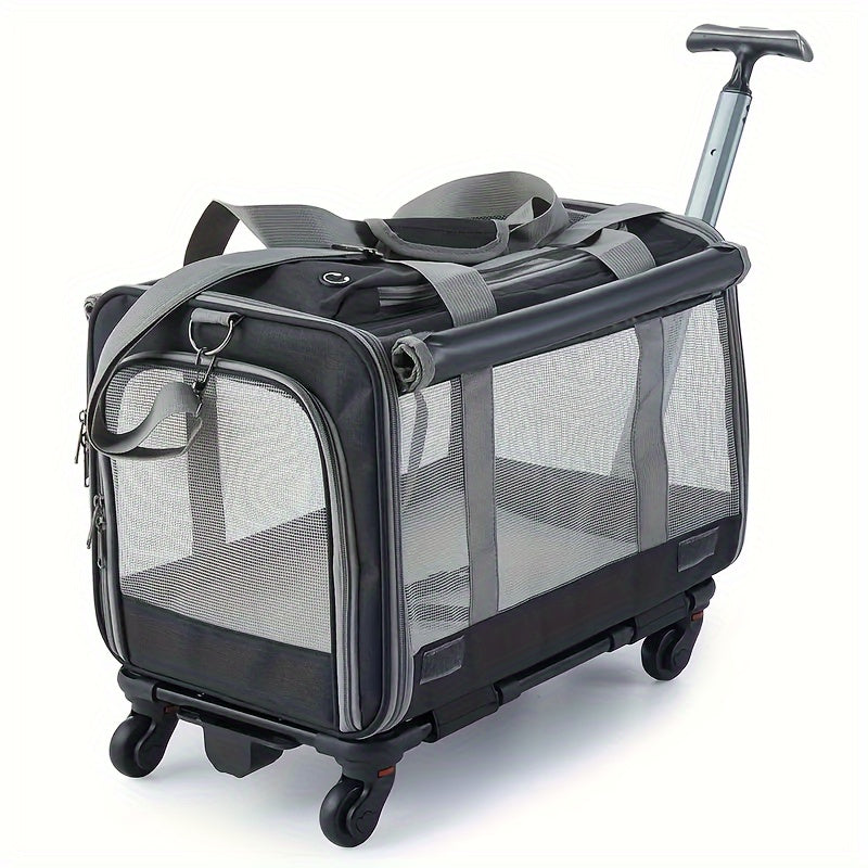 Portable Pet Stroller Carrier with Aluminum Frame & Wheels - Travel Luggage Style Rolling Pet Carrier for Cats Small Dogs with Pull Handle Stress-Resistant Plastic Shell - Pink Blue