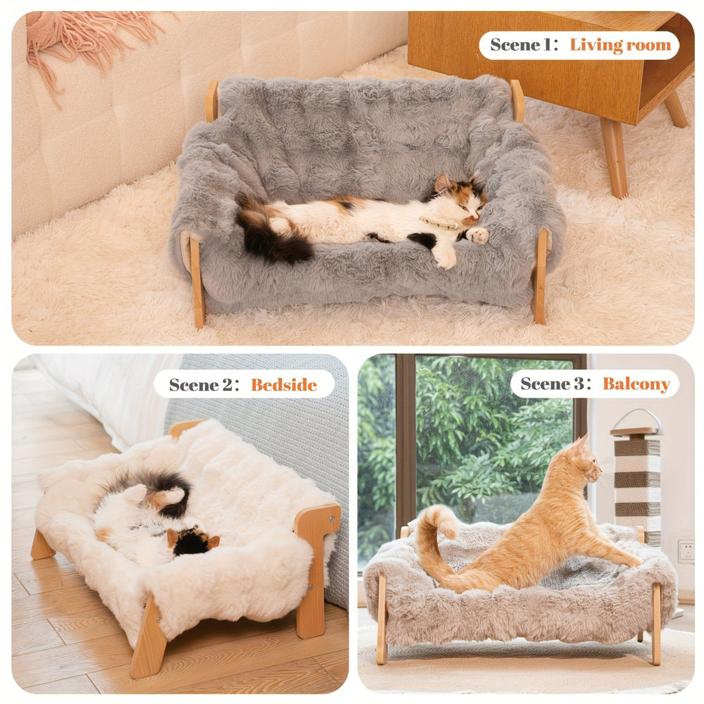 Elevated Pet Sofa Bed Solid Wood Dog Cat Lounge Chair with Bamboo Mat Modern Pet Furniture for Small Medium Dogs Cats Sturdy Stylish Gray White