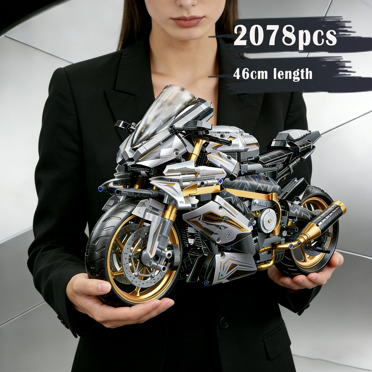 1:5 Scale Platinum Motorcycle Building Blocks Model - 2000+ Pieces, Easy Assembly, Gold & White Display Model, Cool Gift for Men, Adults & Teens for Birthday, Christmas & Holiday