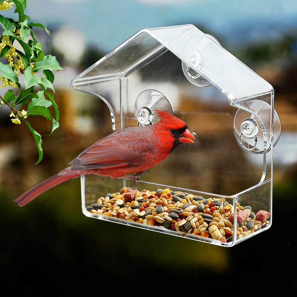 Clear Acrylic Window Bird Feeder with Suction Cups - Transparent Bird House for Outdoor Garden, Easy Clean, Up-Close Bird Watching Feeder for Windows
