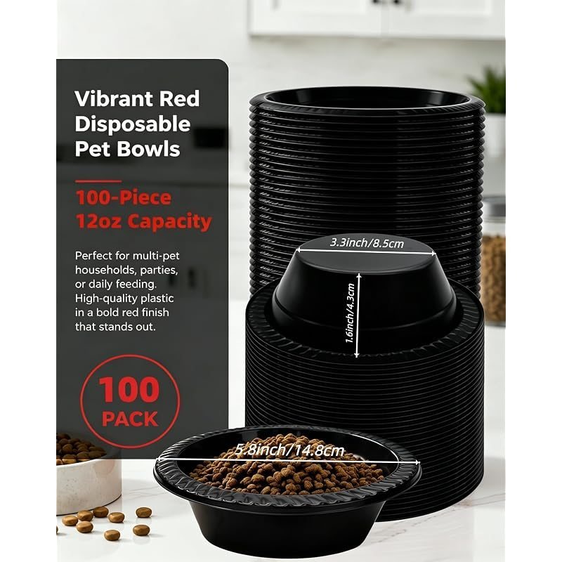 Disposable Pet Bowls 50-Pack 12oz – Round Black Plastic Bowls for Small & Medium Dogs, Travel, Shelter, Kennel, Outdoor & Emergency Feeding, Stackable Hygienic Single-Use