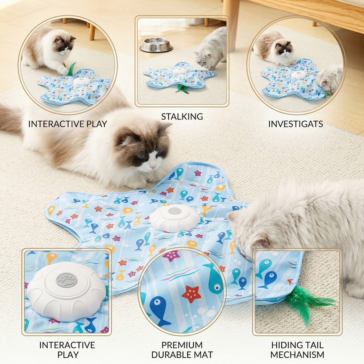 Smart Electric Cat Hunting Toy Rechargeable – Simulated Prey Movement Interactive Puzzle Teaser, Hands-Free Auto Cat Entertainment for Indoor Cats, Small Fish & Graffiti Styles for Kittens & Adult Cats
