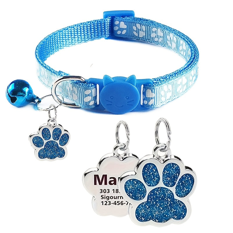 Customizable Engraved Pet ID Tag Collar with Bell – Paw Print Design Anti-Lost Adjustable Collar for Cats & Dogs – Personalized Name & Phone Number Dog Tag Collar, Stylish & Durable