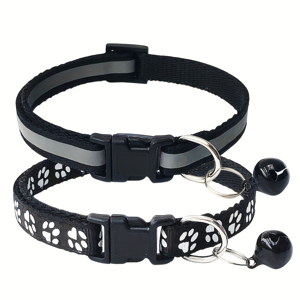 Reflective Pet Collar with Bell 2pcs Set - Adjustable Striped Polyester Cat & Dog Collar with Paw Print Design, Safety Breakaway Buckle, 10 Colors for Small Dogs and Cats, One Size