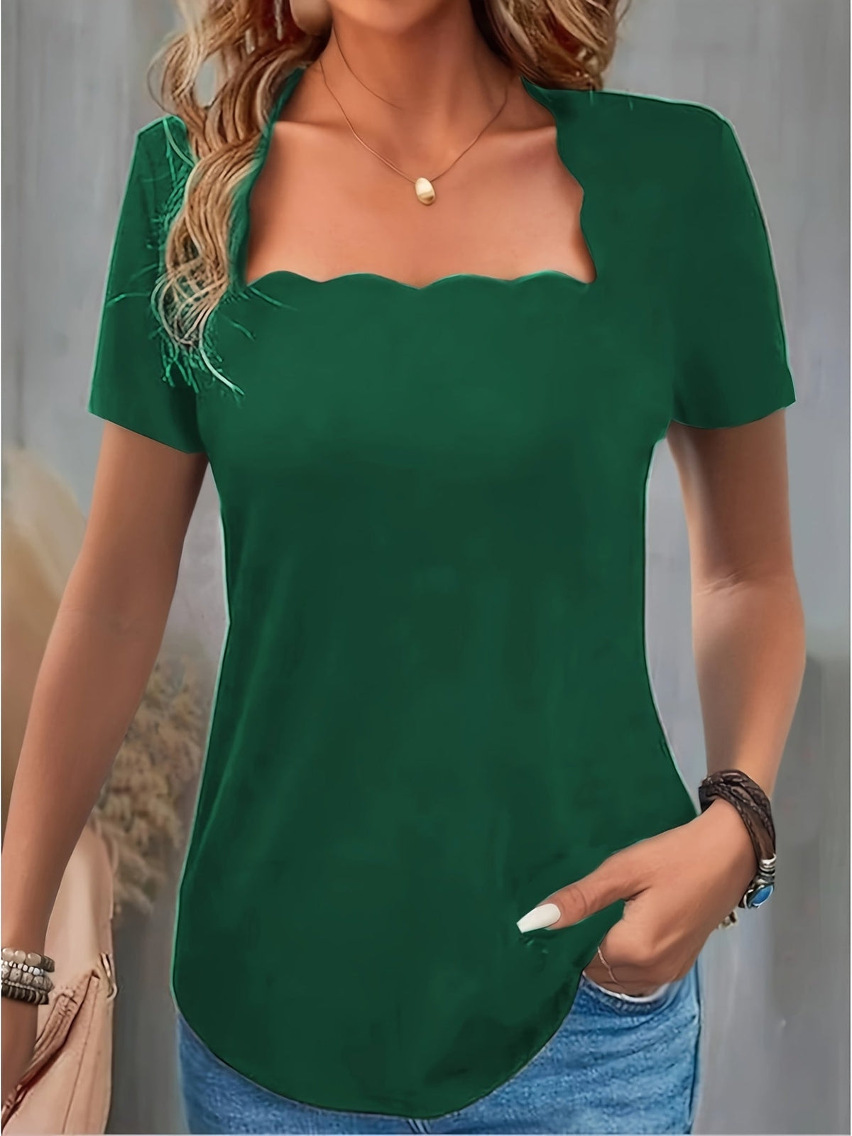 Women's Square Neck T-Shirt - Solid Color Short Sleeve Formal Basic Top | 100% Polyester Slim Fit Summer Daily Fashion Ladies Tee