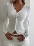Women's Lace Ruffle Trim Slim-Fit Cardigan Long Sleeve Button-Up Top Lace Patchwork Elegant Blouse White Black XS S M L XL Casual Office Spring