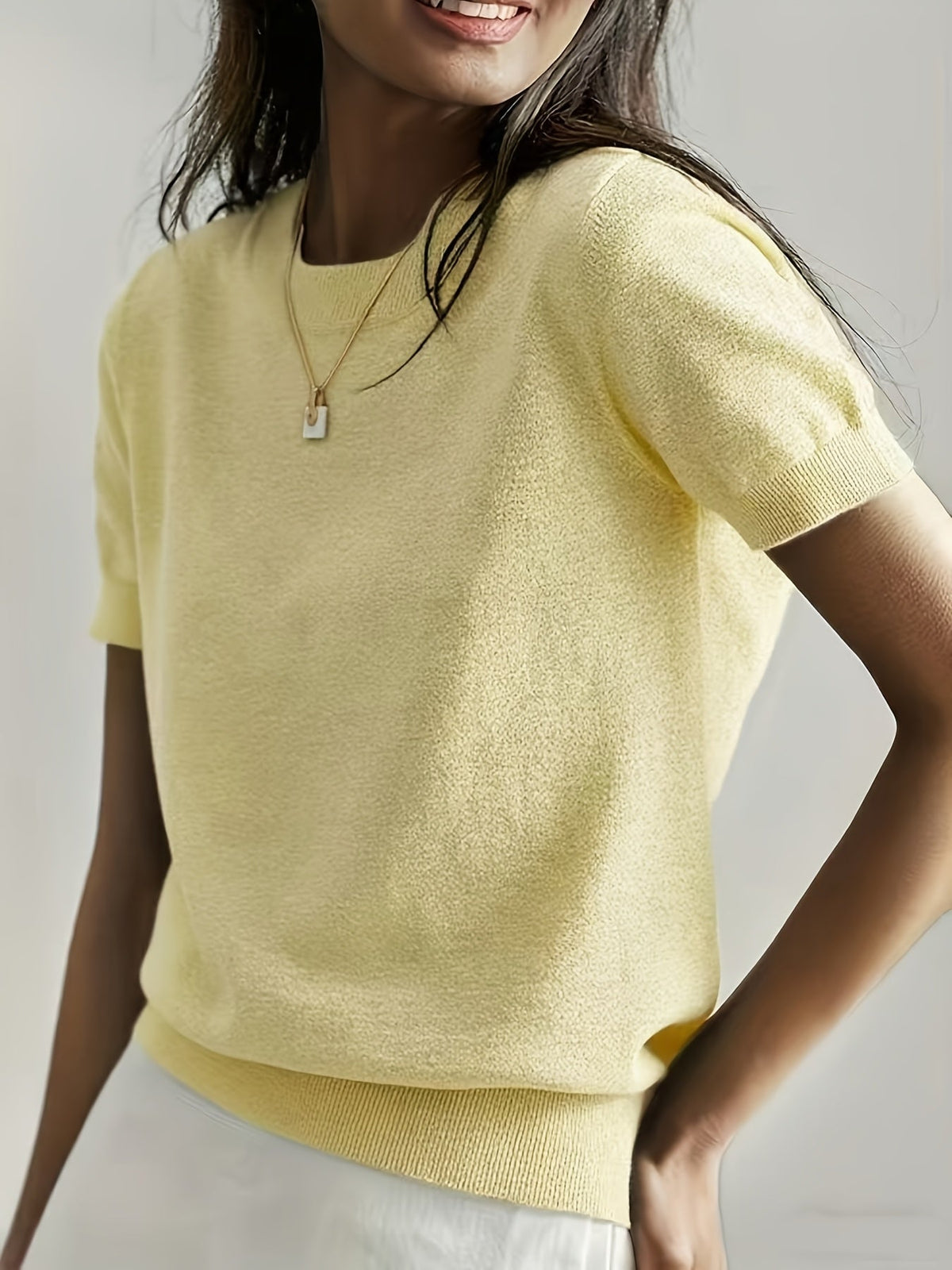 Women's Minimalist Solid Color Short Sleeve Pullover Top Round Neck High Elasticity Knit Tee - Casual Lightweight Everyday Basic for Spring Summer Outdoor Wear