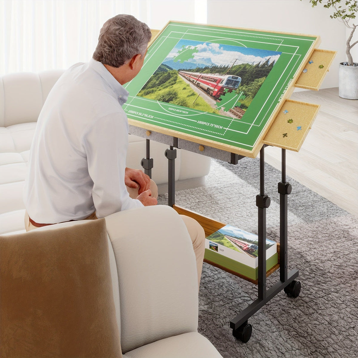 Adjustable Puzzle Table with Legs – 35"x26" Wooden Jigsaw Puzzle Board with 5 Tilt Angles, 6 Drawers, Protective Cover & 4 Wheels for Adults, Fits Up to 1500 Pieces