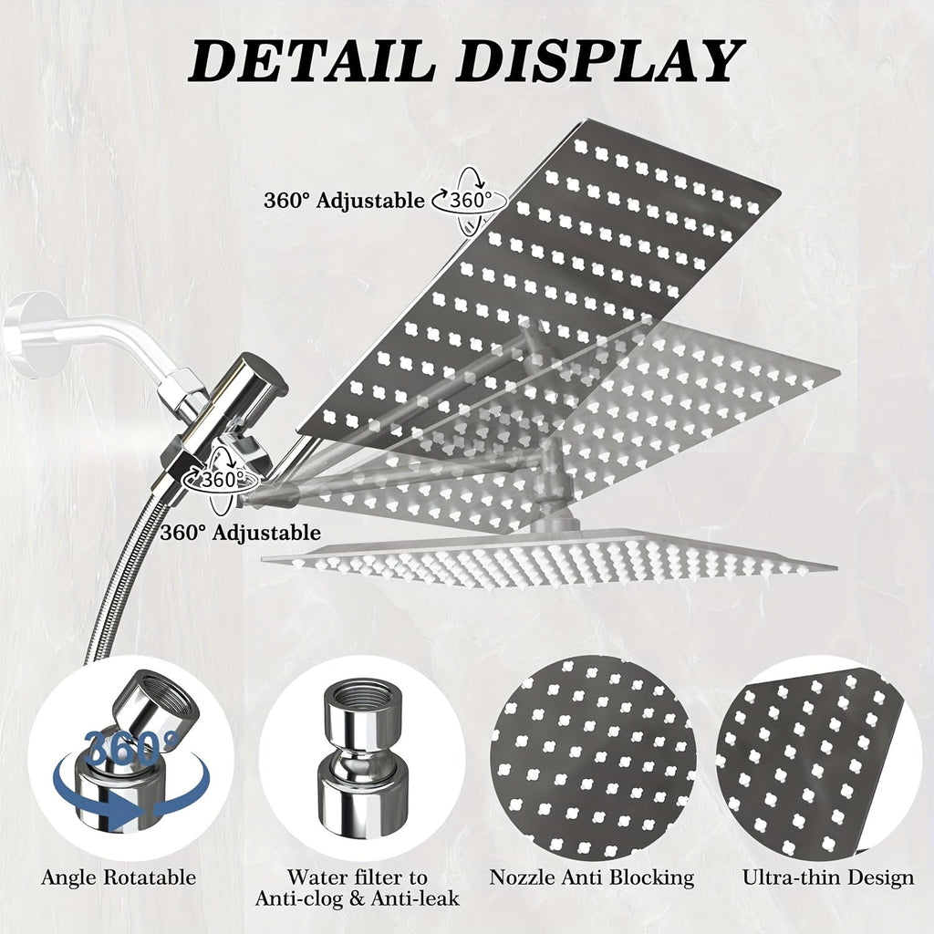 High Pressure Rainfall Handheld Shower Head Combo 11-Inch Extension Arm 9 Settings Anti-Leak Height Adjustable Chrome Matte Black