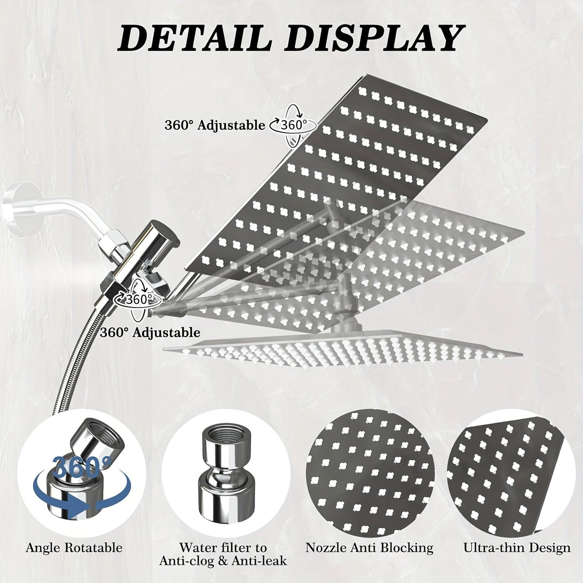 High Pressure Rainfall Handheld Shower Head Combo 11-Inch Extension Arm 9 Settings Anti-Leak Height Adjustable Chrome Matte Black