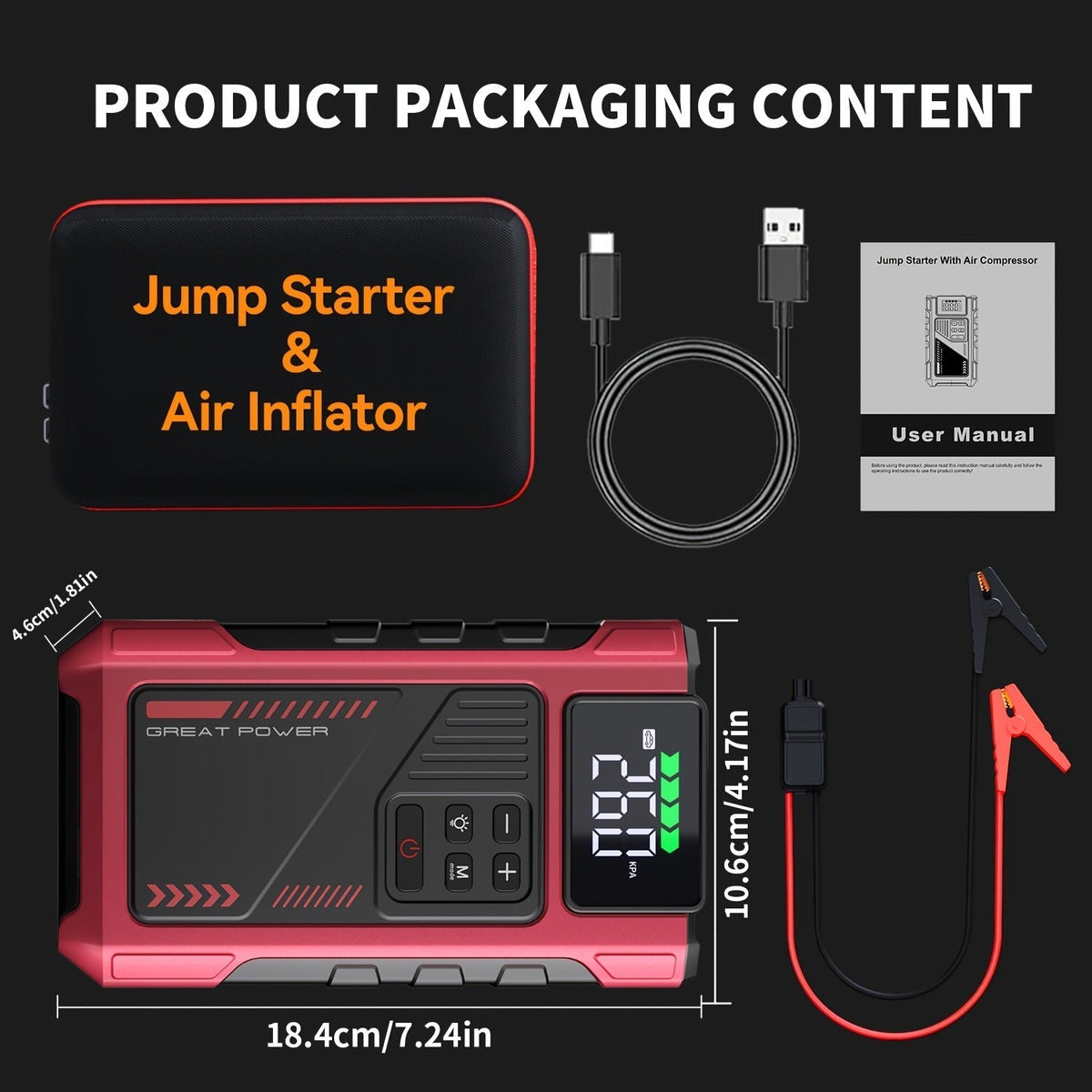 9-in-1 Portable Jump Starter with Air Compressor for 12V Car Up to 8.0L Gas 6.5L Diesel – Battery Booster Pack with Tire Inflator, USB Power Bank, LED Emergency Light & Roadside Kit