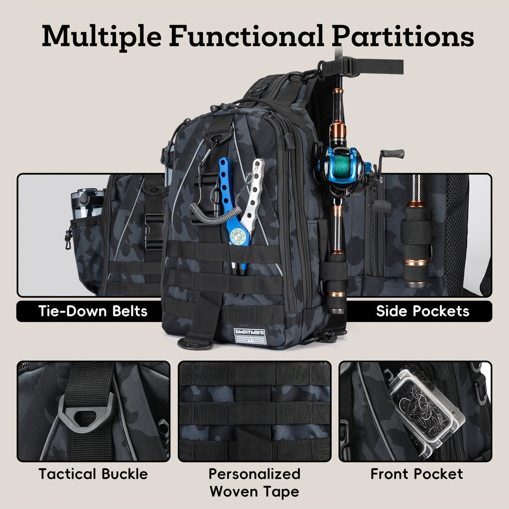 Fishing Backpack Tackle Sling Bag with Rod Holder – Waterproof Hiking Daypack Fly Fishing Bag for Men Women, Tackle Box Storage, Gift for Fisherman Dad