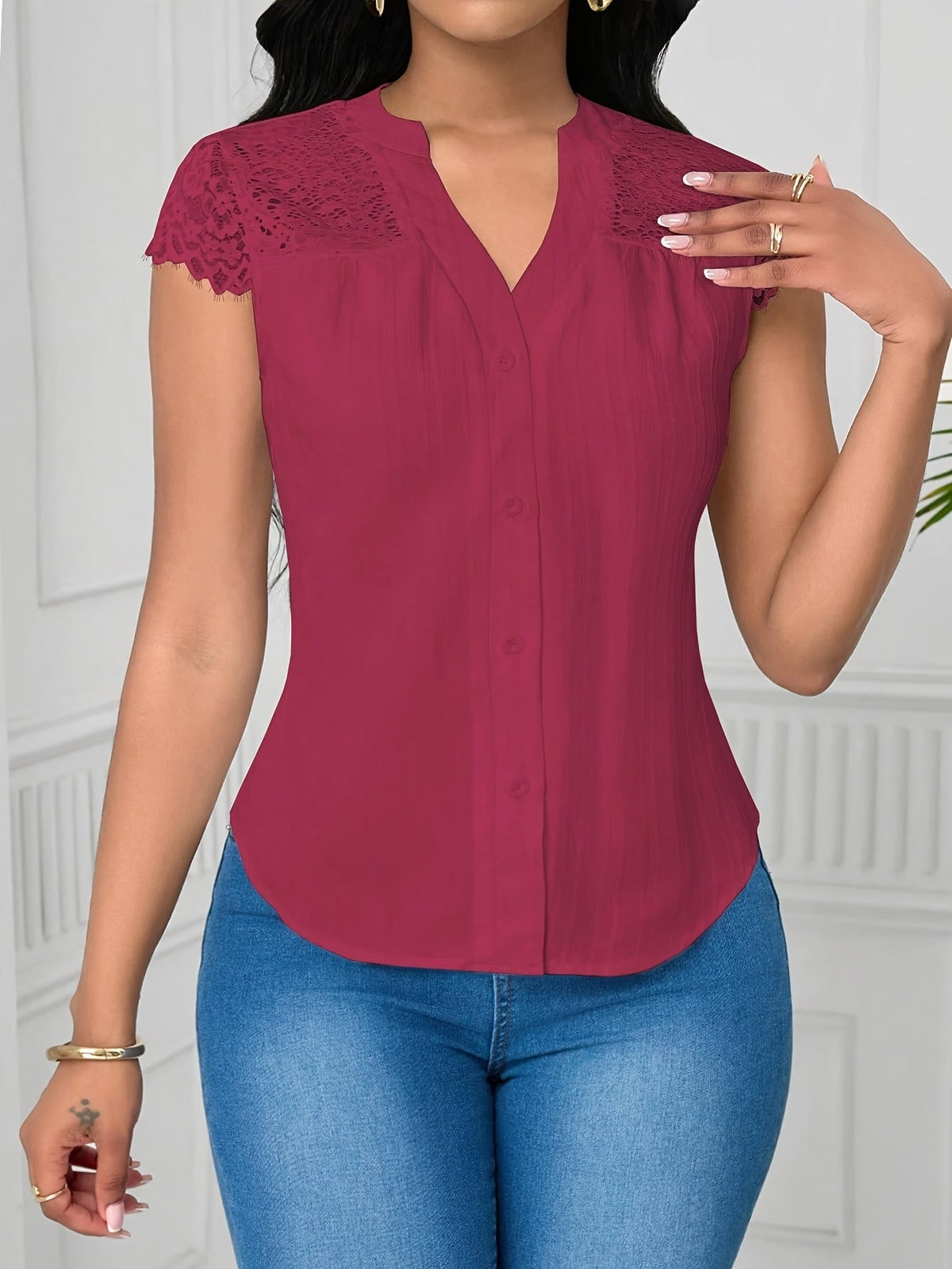 Women's Elegant Lace Patchwork Blouse – V-Neck Striped Semi-Sheer Woven Top for Summer, Casual & Weekend Wear