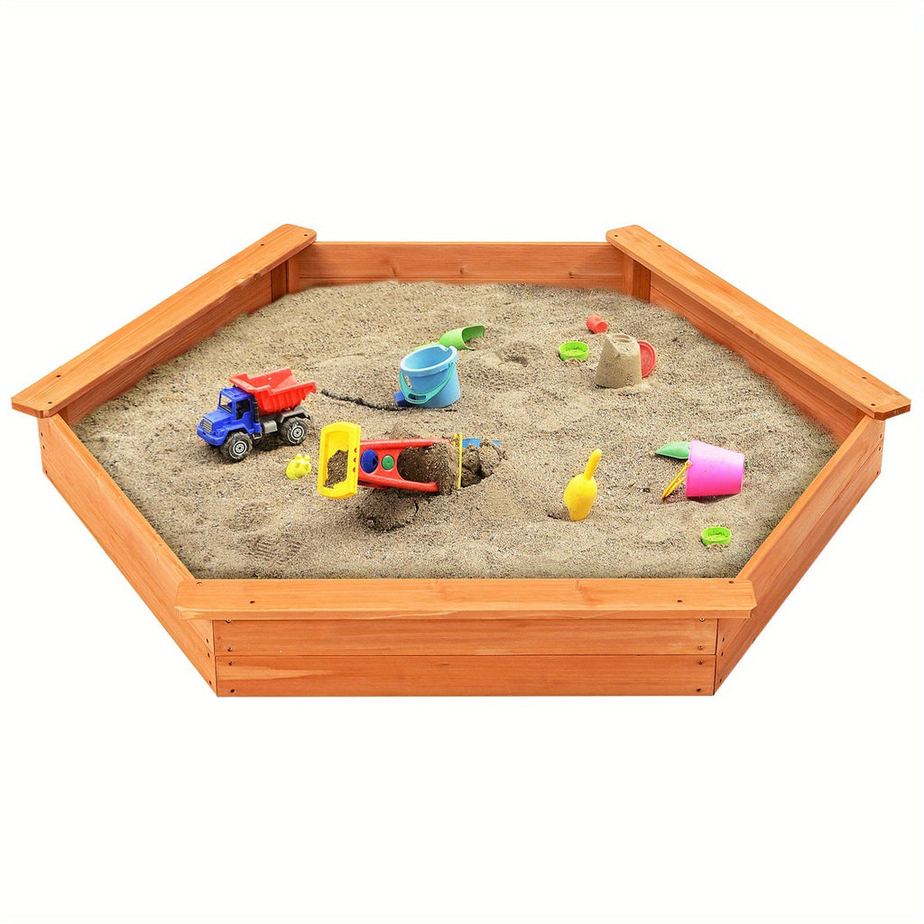 Cedar Wood Hexagonal Kids Outdoor Sandbox with Lid Weatherproof Oxford Cover Three Benches Base Liner 73x64 Inch for Gardens Yards Beaches Fits 4 to 6 Kids Natural