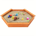 Cedar Wood Hexagonal Kids Outdoor Sandbox with Lid Weatherproof Oxford Cover Three Benches Base Liner 73x64 Inch for Gardens Yards Beaches Fits 4 to 6 Kids Natural