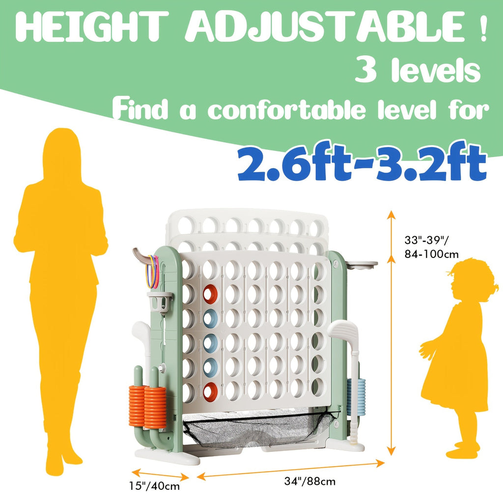 4-in-1 Giant Connect Four Game Set Adjustable Height Basketball Hoop Golf Ring Toss Kids Adults Indoor Outdoor Family Party Color Learning Educational Toy Gift