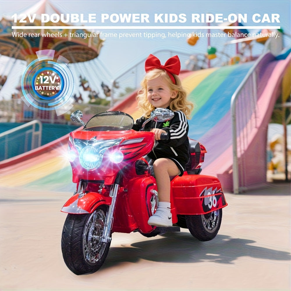 12V Kids Electric Motorcycle 2-Seat Ride On Motorbike with 3 Wheels Bluetooth USB LED Light Storage Box Safe Durable for Boys Girls Ages 3 to 8 Birthday Christmas Gift Black White Red